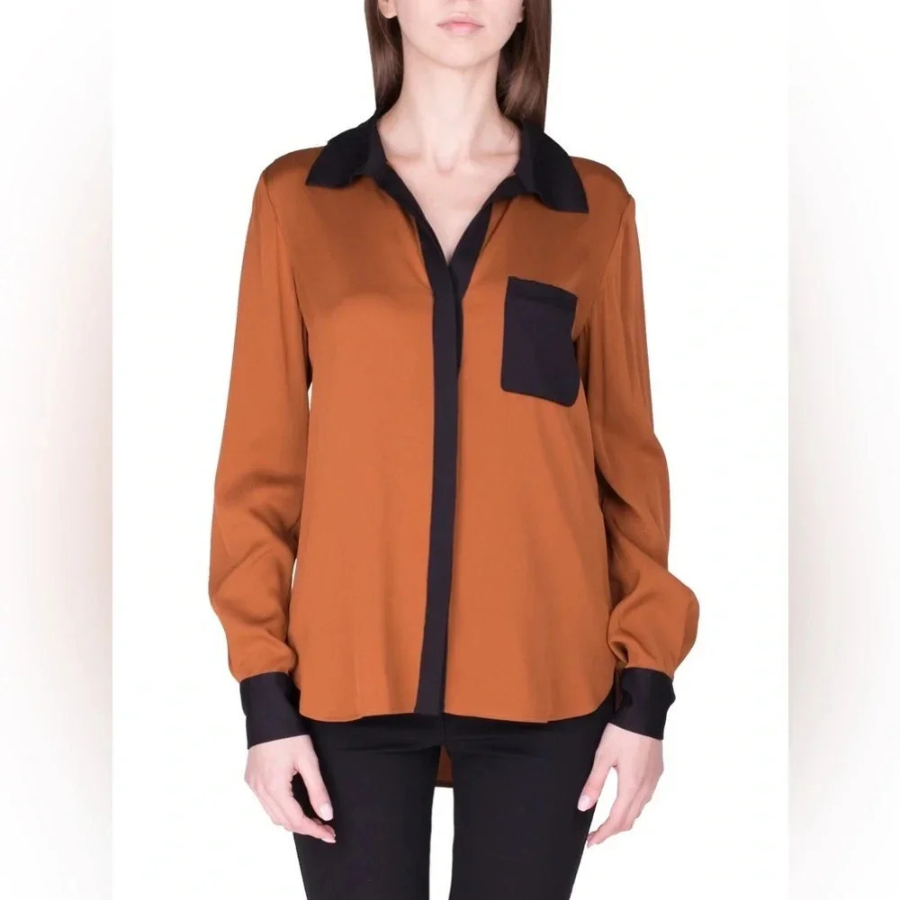 Diane von Furstenberg Silk Color Block Brown Black Button Down Blouse Top Size 0